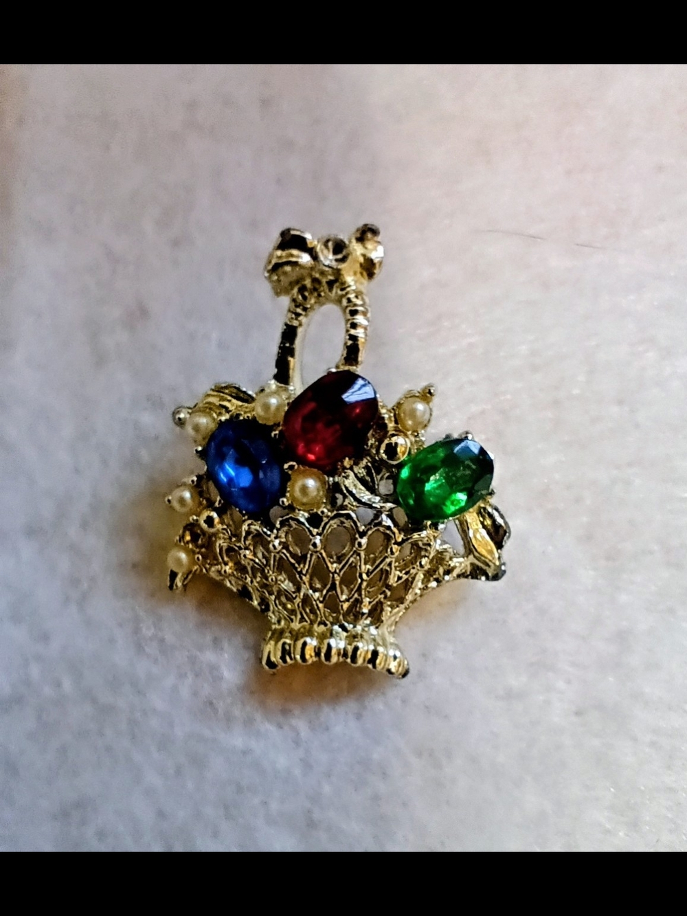 Gold Basket Brooch with Red, Blue and Green Stones - Women Jewelry